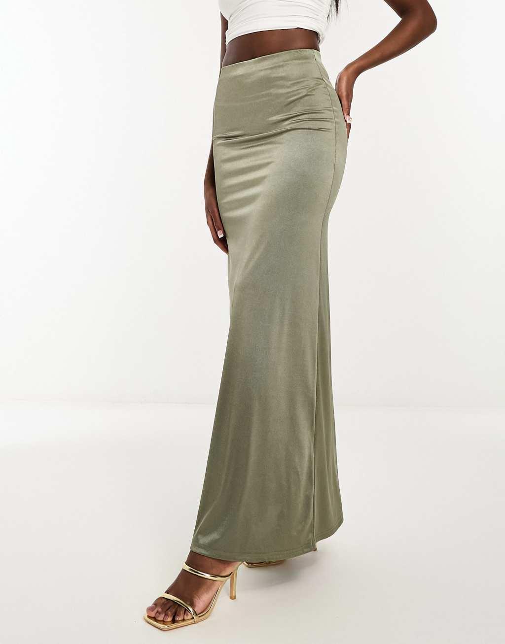 ASOS DESIGN satin twill maxi skirt in olive Product Image