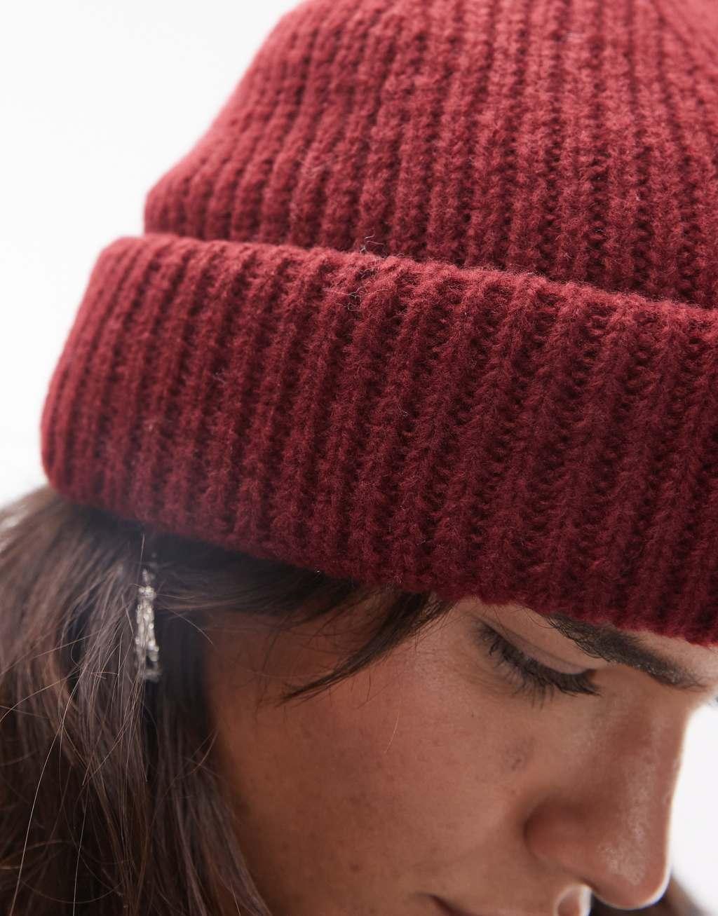 Topshop Henry ribbed beanie in red Product Image