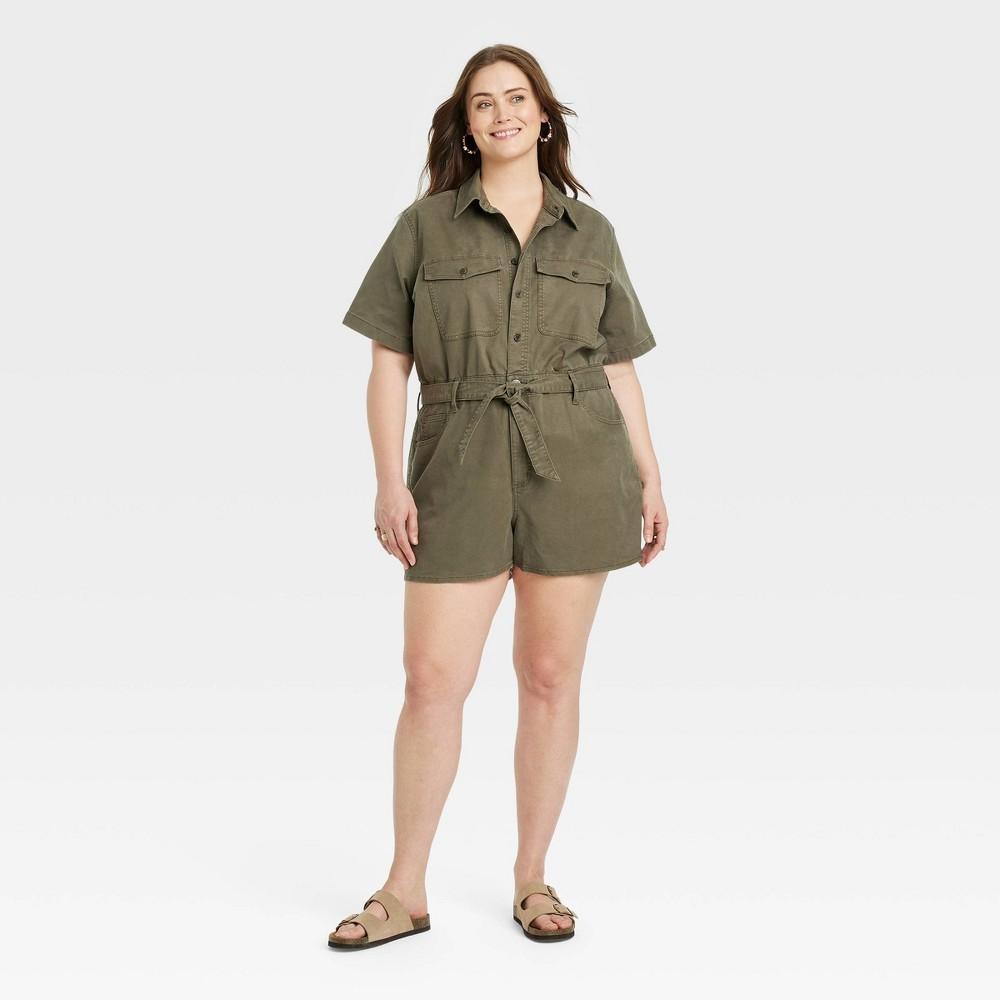 Womens Short Sleeve Denim Romper - Universal Thread Olive Product Image