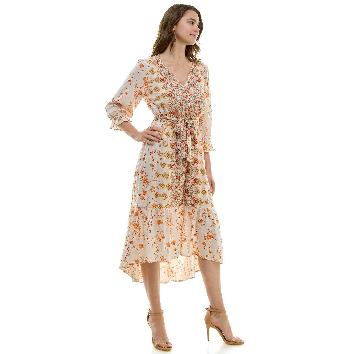 Long Sleeve Button Front V-Neck Printed Midi Dress Product Image