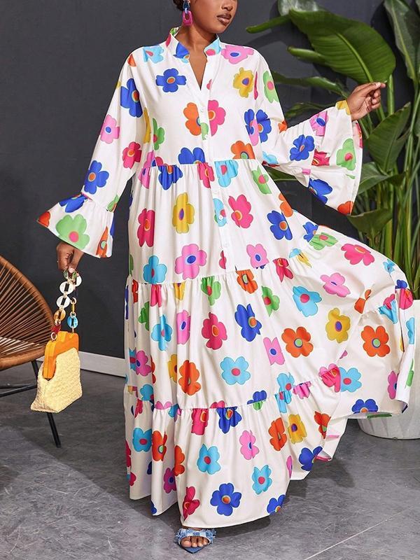 Flared Sleeves Loose Buttoned Flower Print Split-Joint Stand Collar Maxi Shirt Dresses Product Image