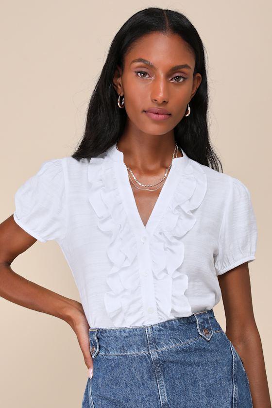 Elevated Tendencies White Ruffled Short Sleeve Button-Front Top Product Image