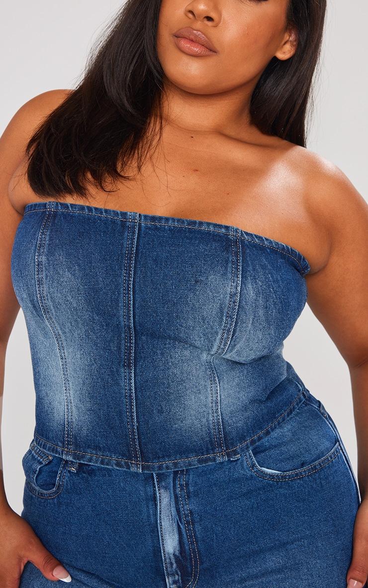 Plus Indigo Blue Wash Washed Down Distressed Look Bandeau Denim Top Product Image