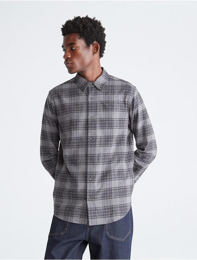 Calvin Klein Mens Plaid Flannel Classic Button-Down Shirt - Grey - M Product Image