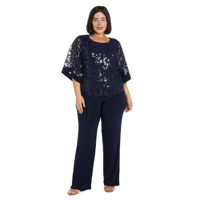 Plus Size R&M Richards 2-Piece Butterfly Sleeve Sequin Tunic and Jersey Pant Set, Womens Blue Product Image