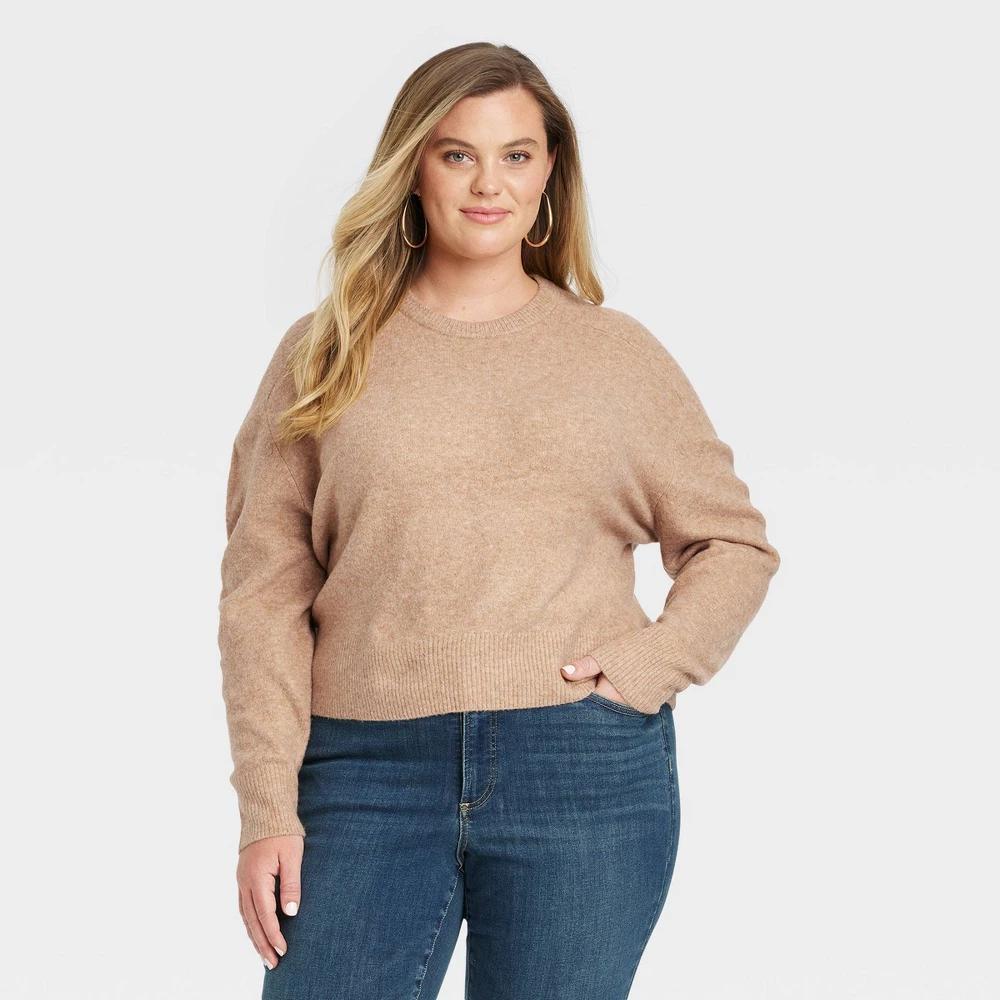 Womens Cozy Knit Crewneck Pullover Sweater - Universal Thread Tan 1X Product Image