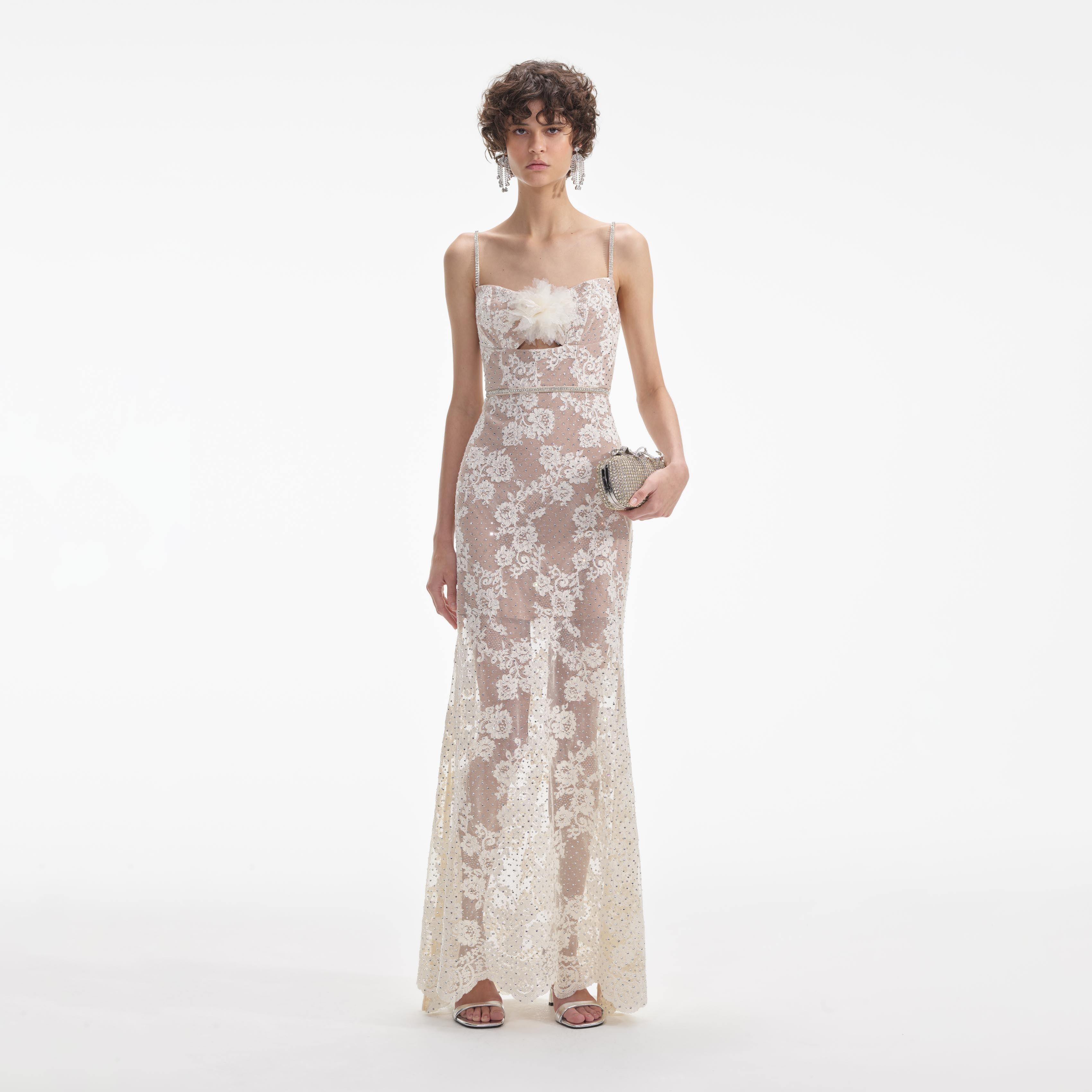 Cream Rhinestone Lace Maxi Dress Product Image