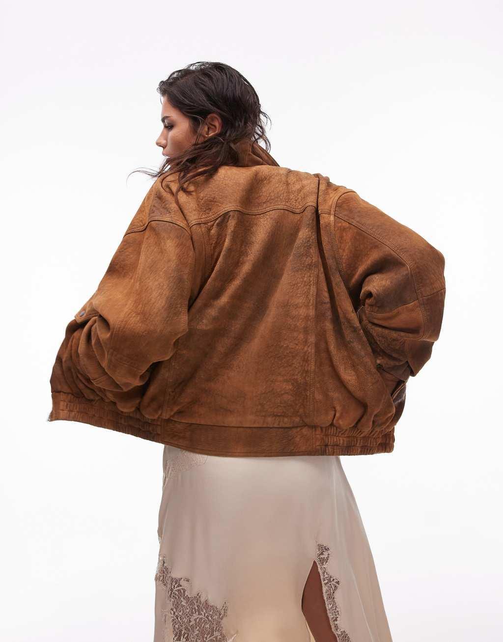 Topshop premium real suede oversized bomber jacket in tan Product Image