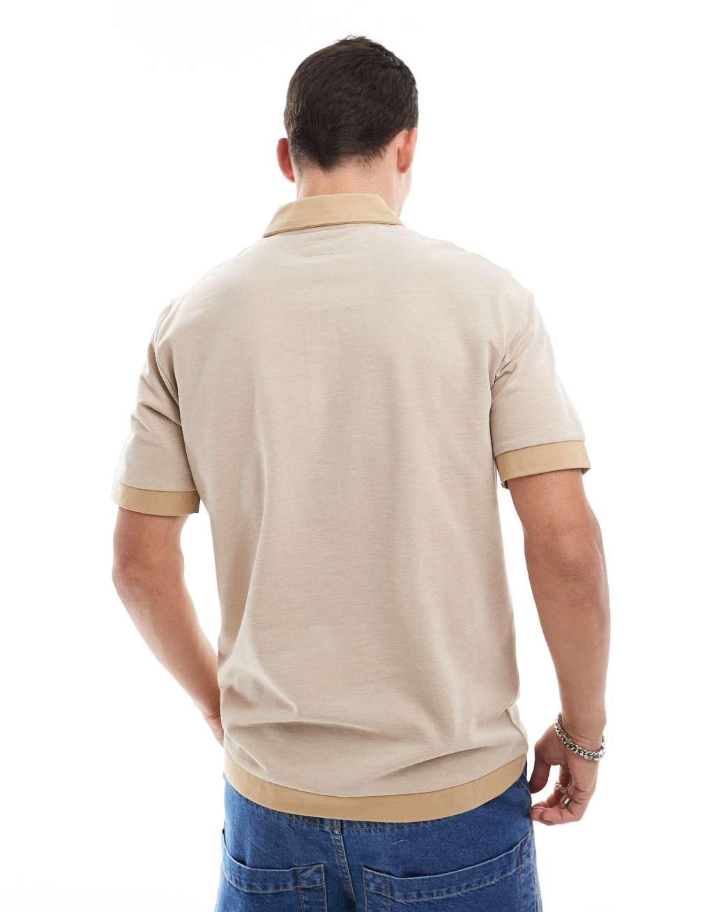 Jack & Jones Premium color block pique polo in beige  Product Image