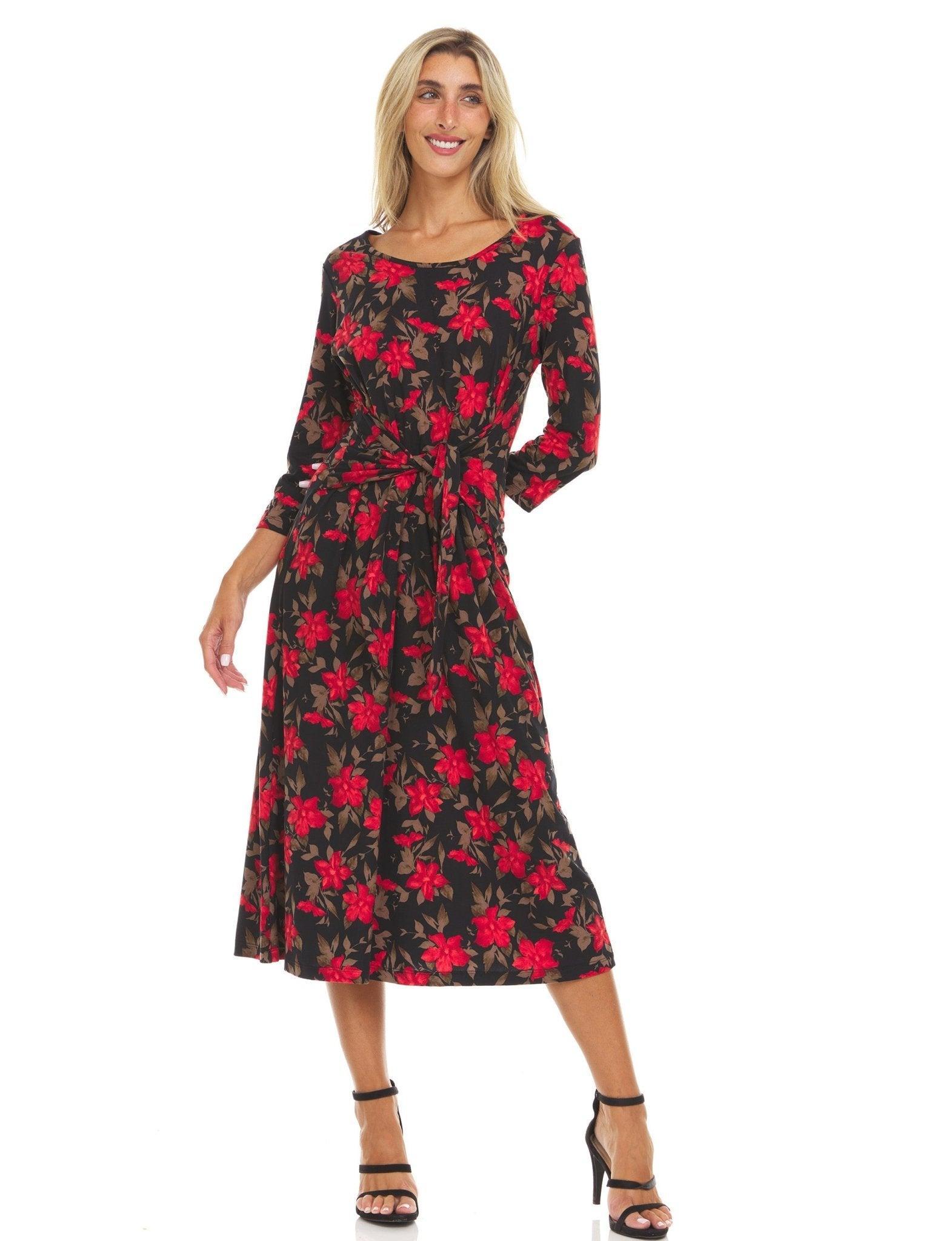 Three quarter sleeve crew neck printed A line midi dress with selt tie belt Product Image