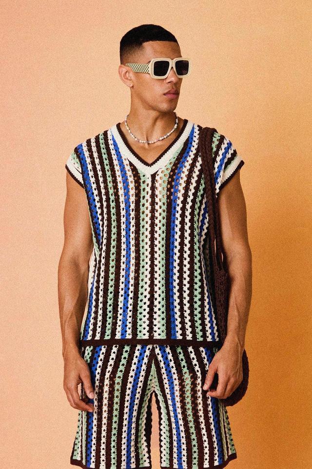 Boxy Oversized Open Stitch V Neck Sweater Vest | boohooMAN USA Product Image