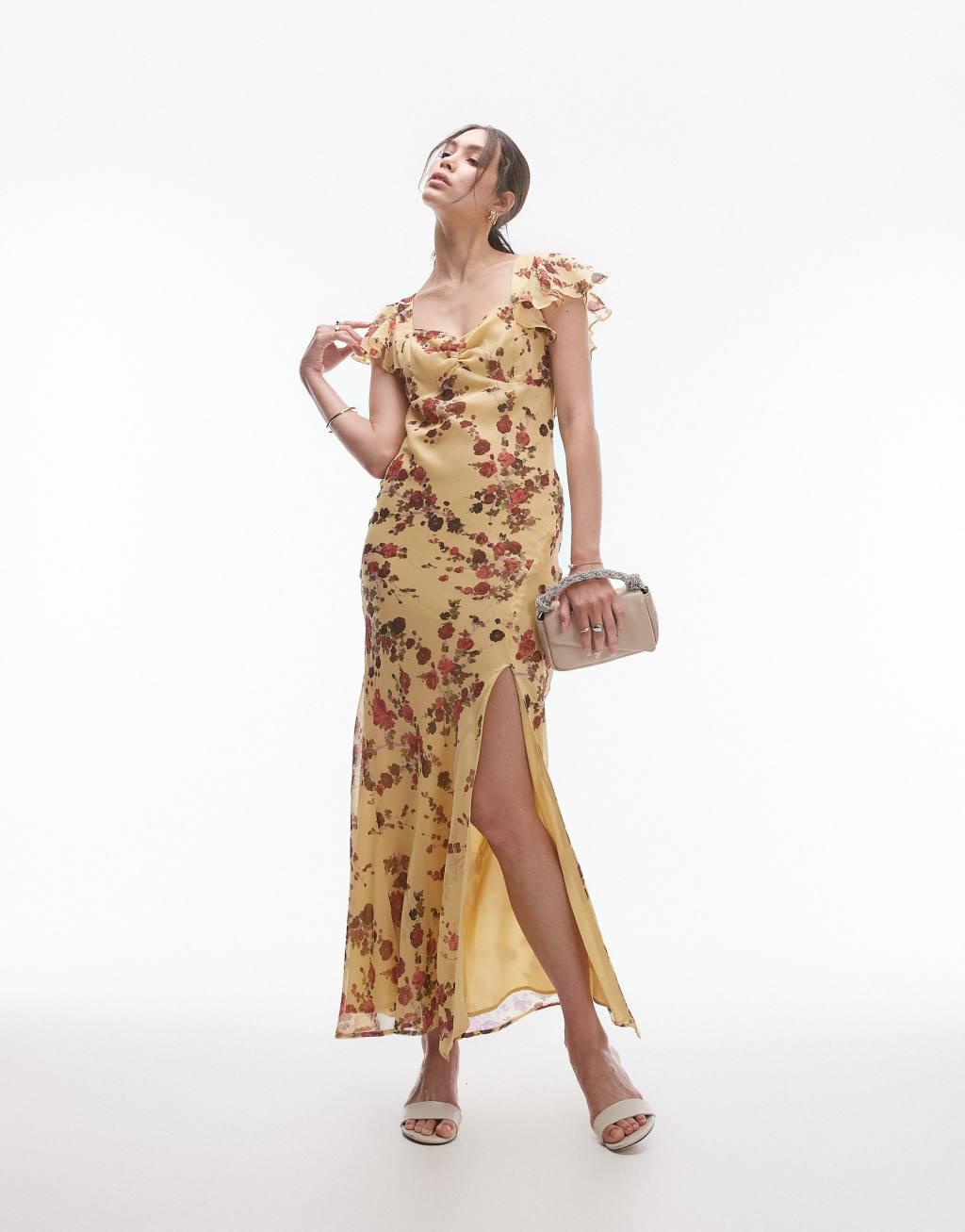 Topshop flutter sleeve occasion maxi dress in yellow floral Product Image