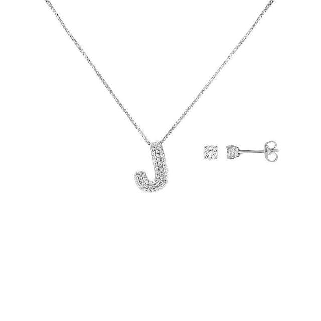 Brilliance Silver Plated Cubic Zirconia Stud Earrings and Initial Pendant Necklace Set, Womens Silver Tone S Product Image