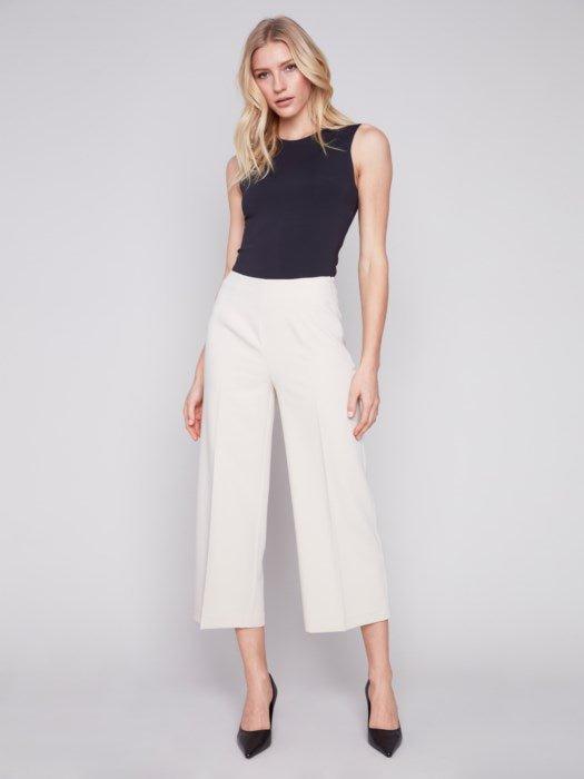 Cropped Wide Leg Pants with side zip - beige Product Image