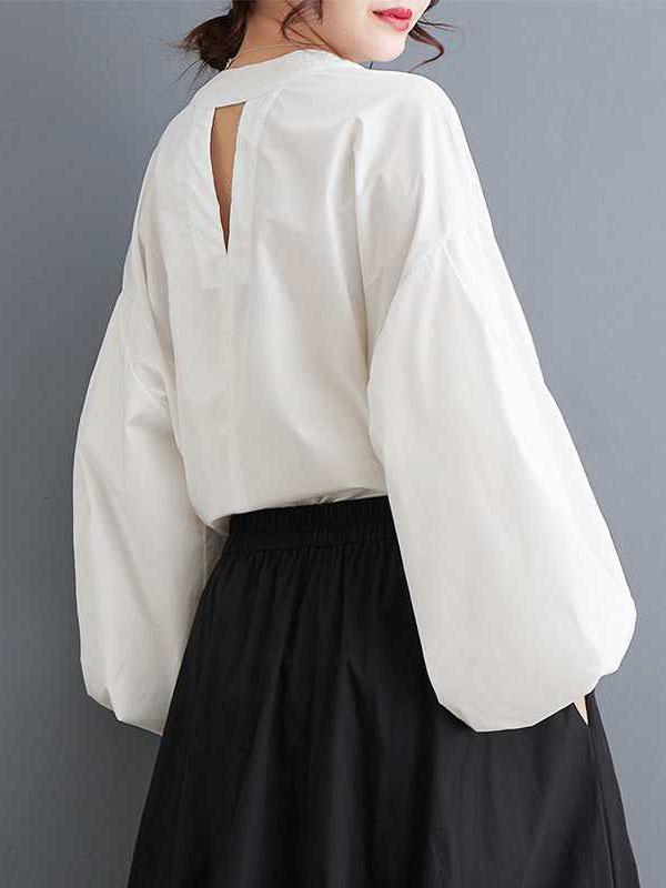 Loose Nine-Minute Sleeve Buttoned Hollow Pleated Solid Color Round-Neck Blouses&Shirts Tops Product Image