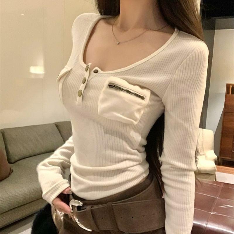 Long-Sleeve Henley Ribbed Knit Top product image