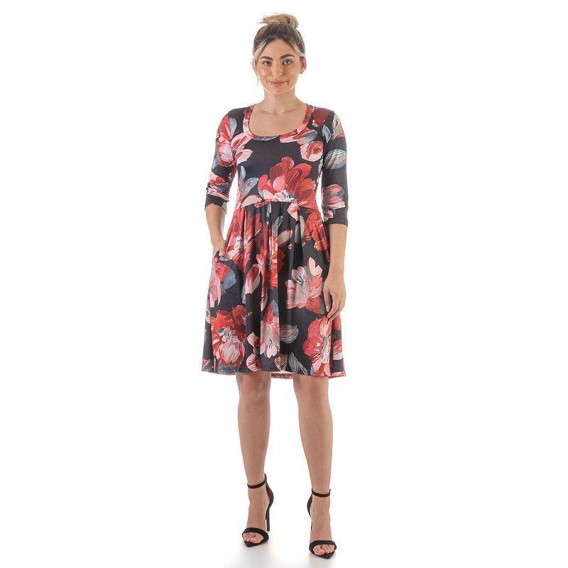 Womens 24Seven Comfort Apparel Pleated Floral Fit & Flare Dress Product Image