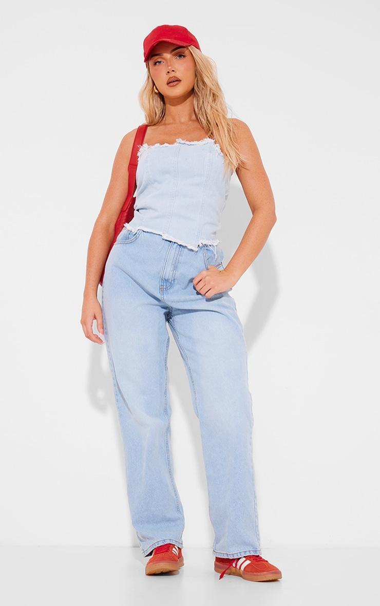 Light Blue Wash Seam Raw Hem Detail Denim Corset Top Product Image