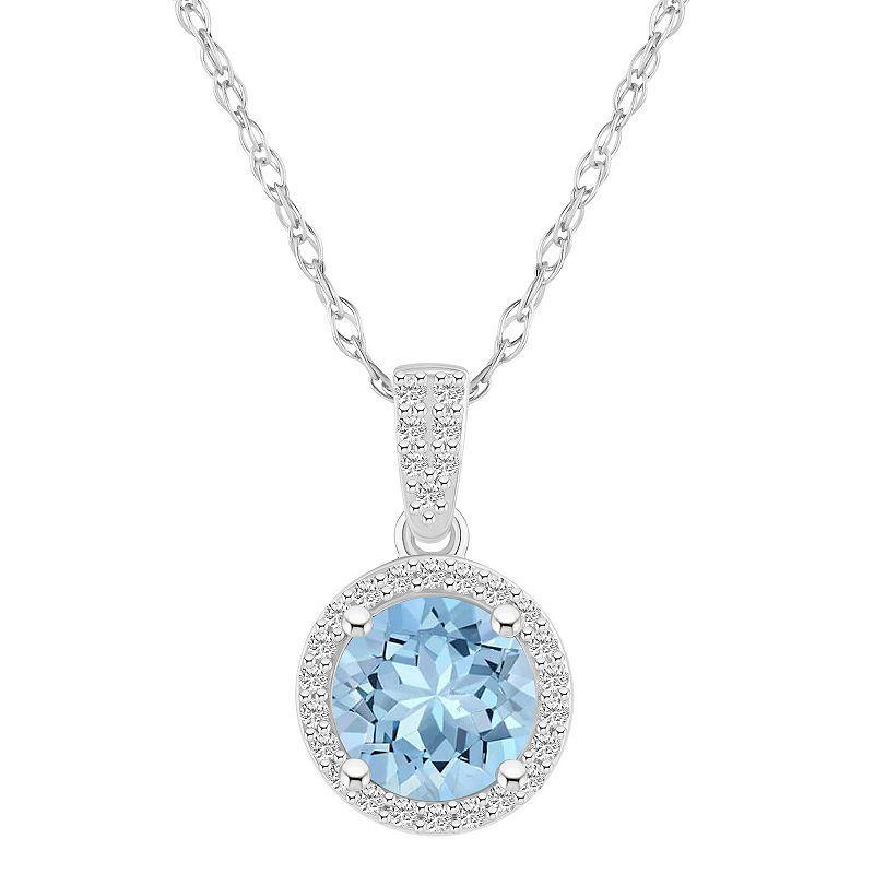 Celebration Gems 10k White Gold Round Gemstone & Lab-Created White Sapphire Halo Pendant Necklace, Womens Blue Product Image