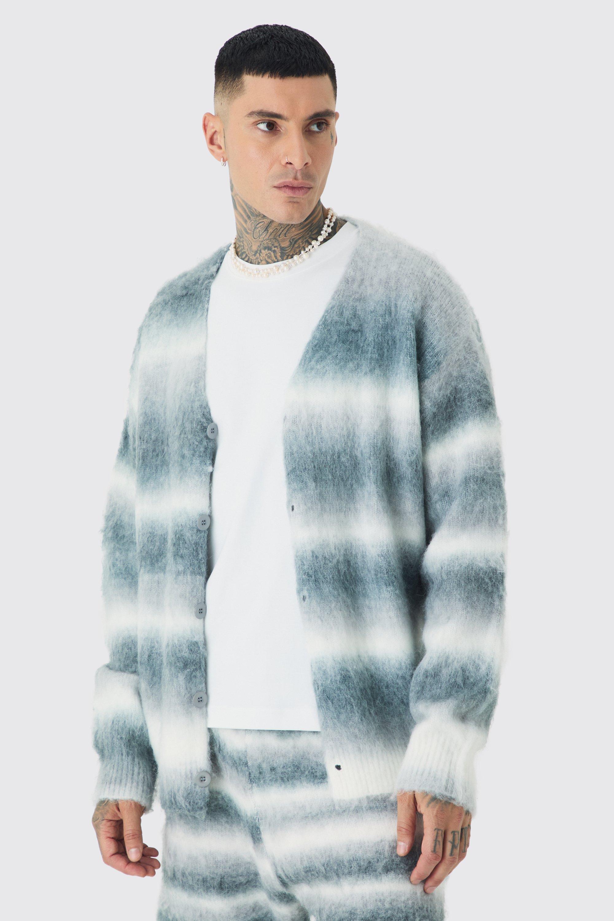 Mens Grey Tall Boxy Fit Knitted Brushed Stripe Cardigan, Grey Product Image