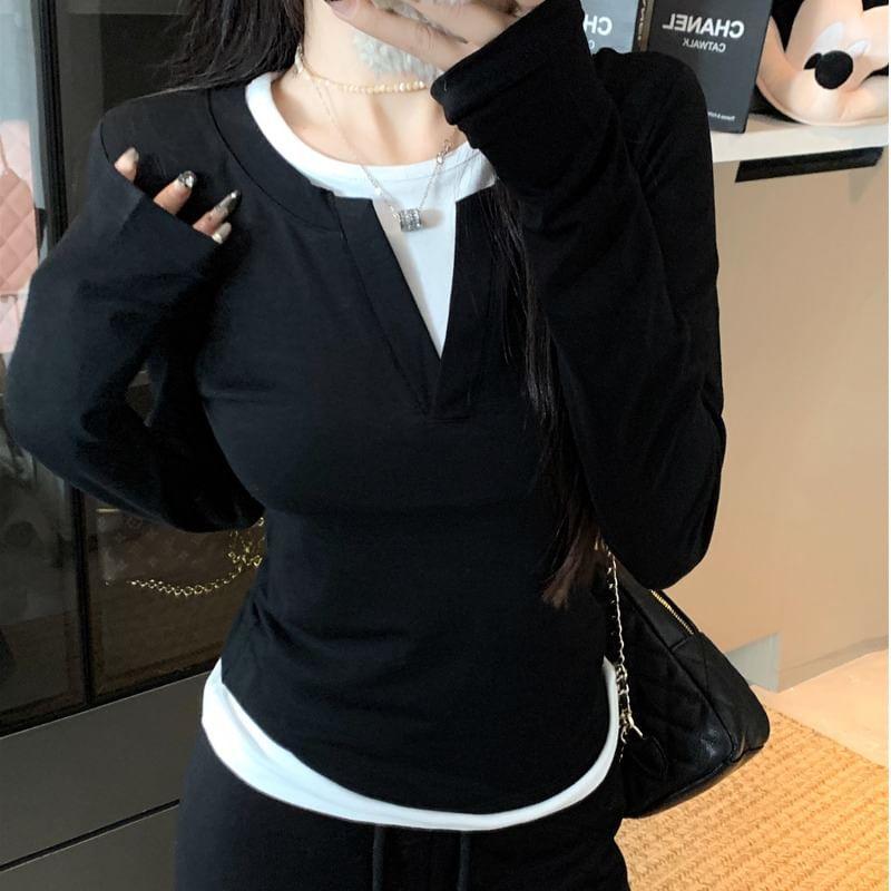 Long Sleeve Crew Neck Mock Two Piece Tee Product Image