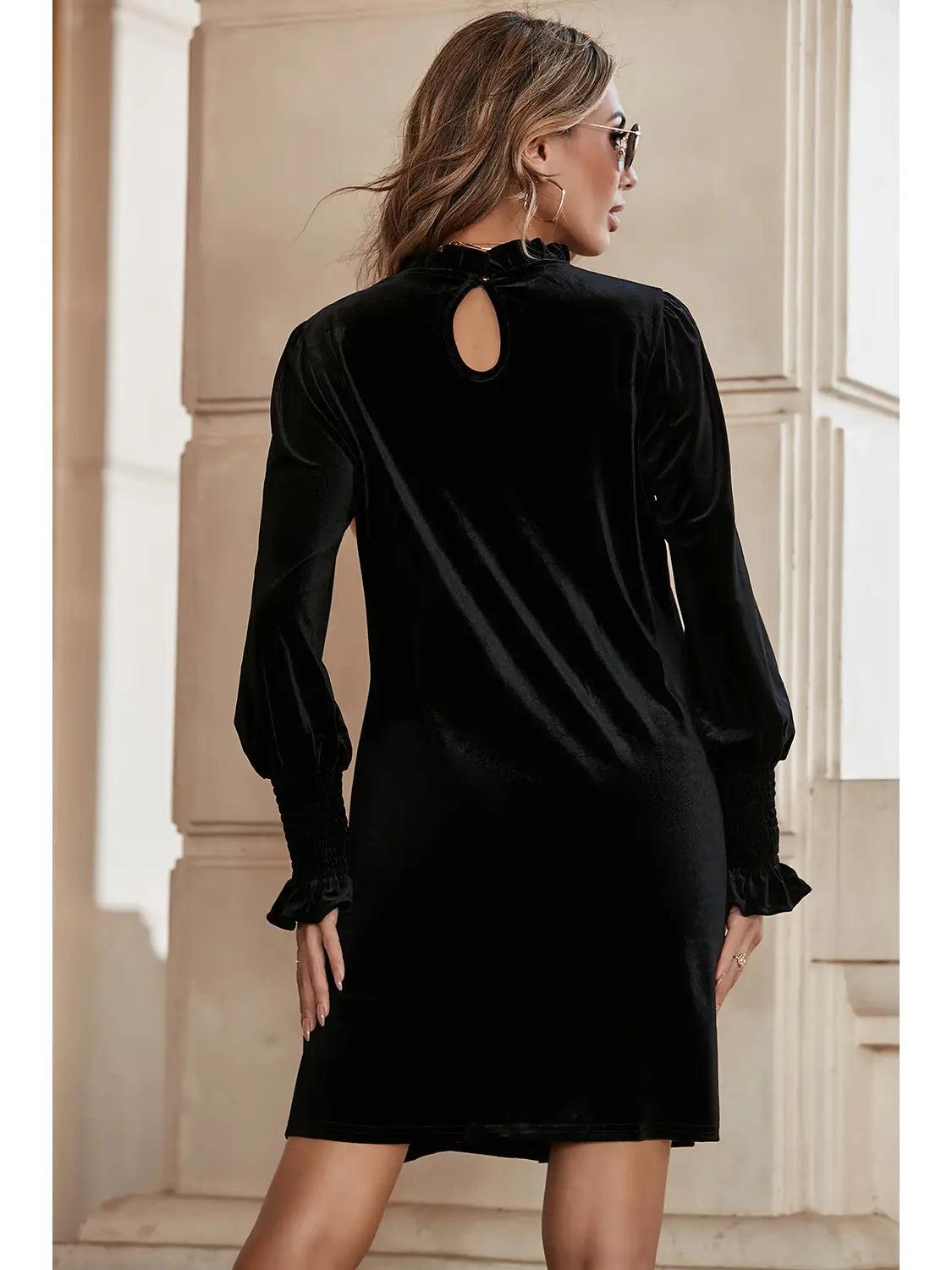 Black Velvet Frill Neck Long Sleeve Shift Dress Female Product Image