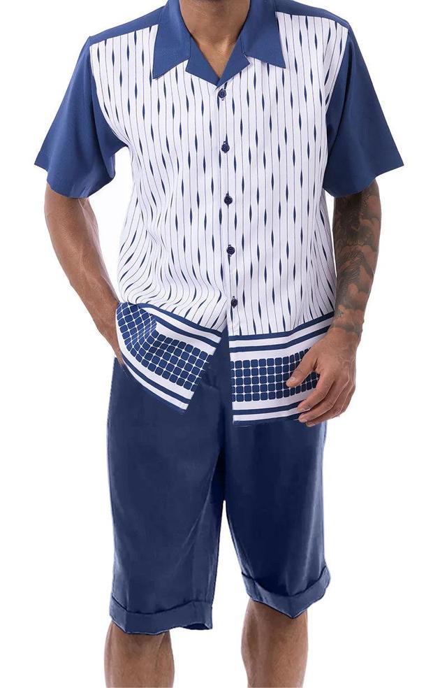 Navy Abstract Design Walking Suit 2 Piece Short Sleeve Set with Shorts Product Image