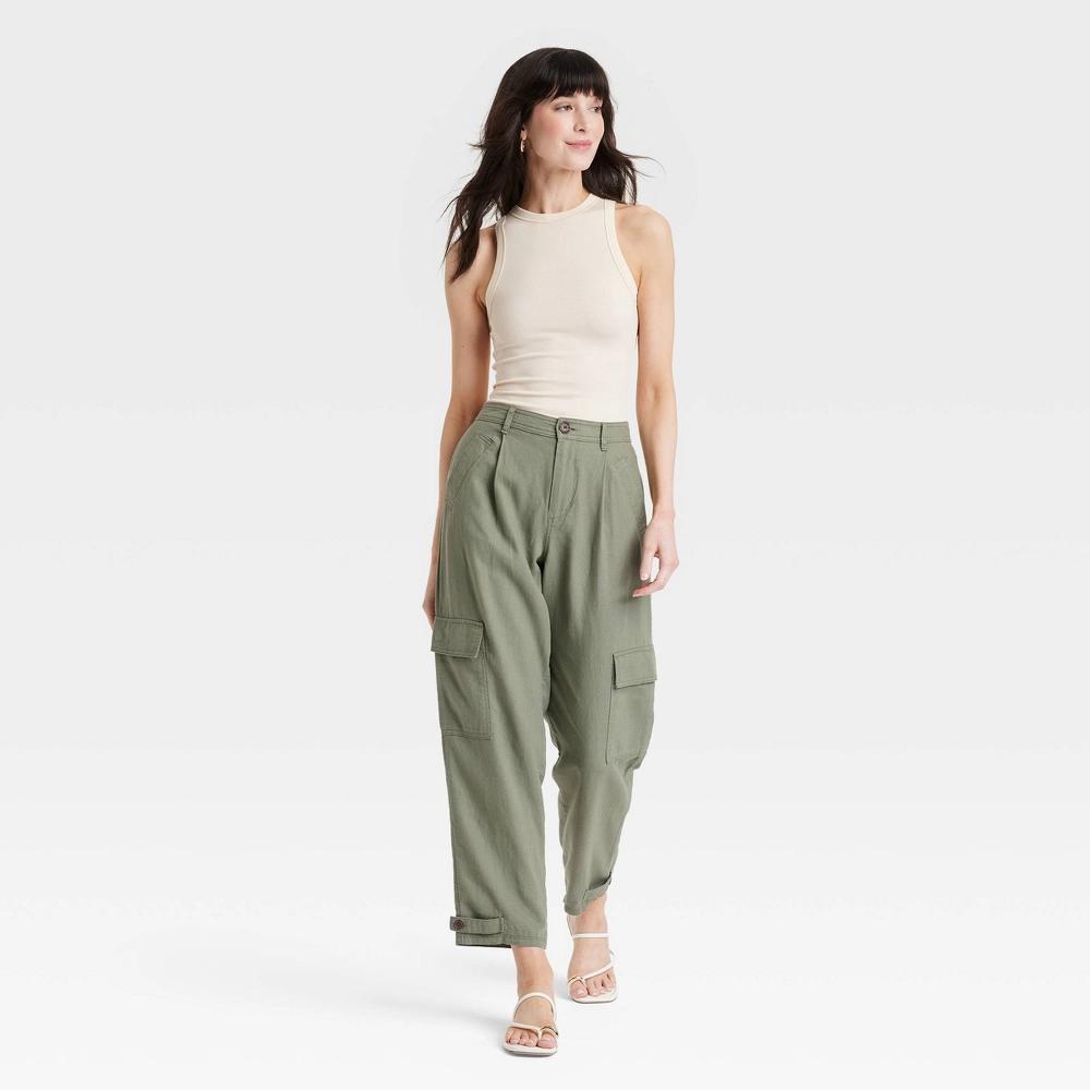 Women's High-Rise Straight Leg Linen Cargo Pants - A New Day™ Olive 4 Product Image