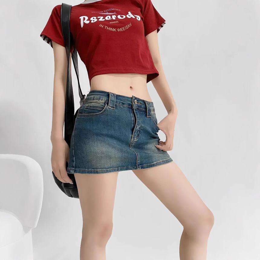 Mid Waist Washed Mini Pencil Denim Skirt Product Image