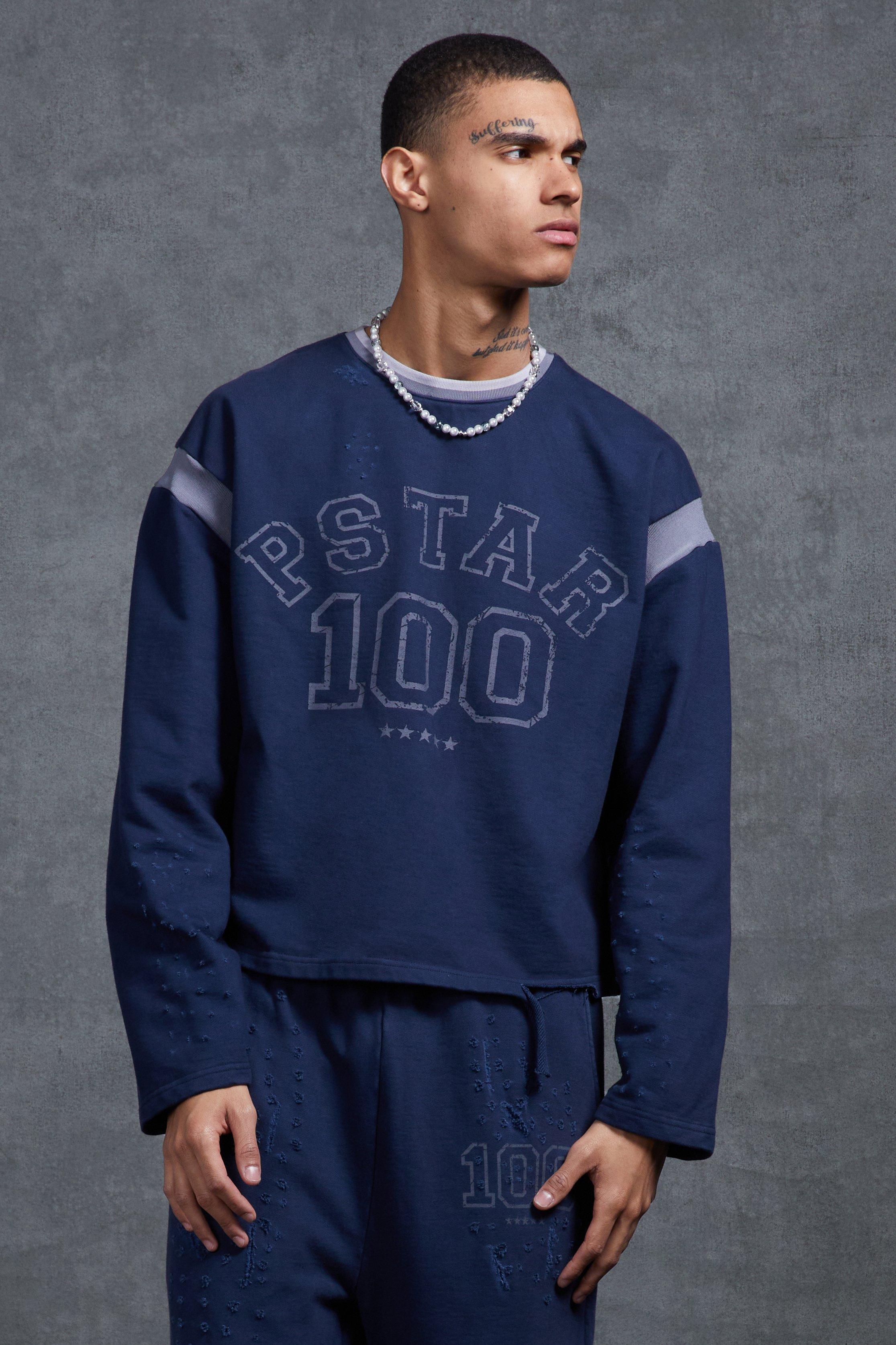 P-Star Oversized Cropped Sweatshirt with 100 Print | boohooMAN USA Product Image