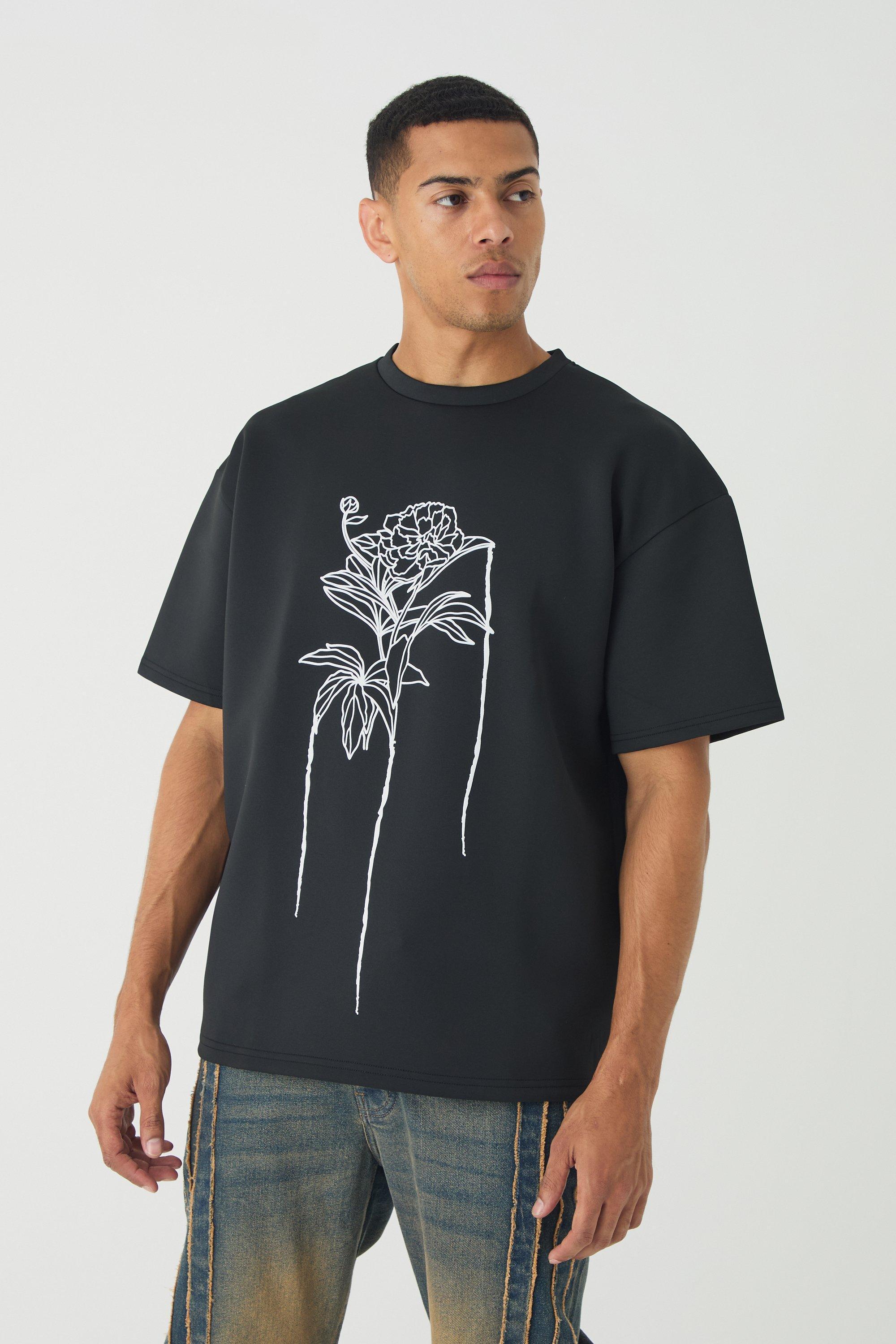 Oversized Floral Line Drawing Scuba T-shirt | boohooMAN USA Product Image