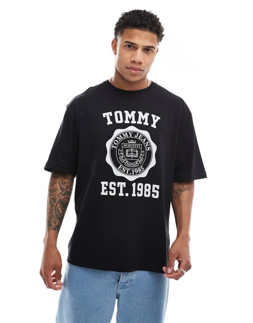 Tommy Jeans oversized crest varsity sports T-shirt in black Product Image