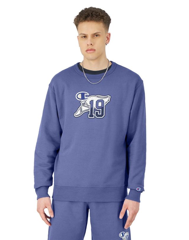 Mens Champion Powerblend Crewneck Sweatshirt, Winged Foot Patch Logo Stone Crush Blue L Product Image