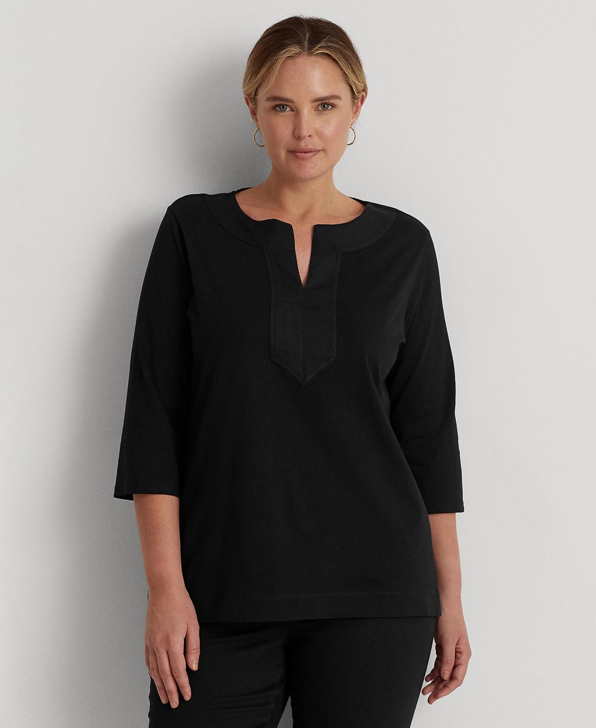 Lauren Ralph Lauren Plus Size Split Round Neck 34 Sleeve Woven Trim Knit Top Product Image