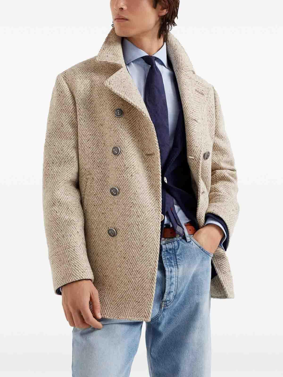 BRUNELLO CUCINELLI Herringbone Wool Peacoat In Beige Product Image