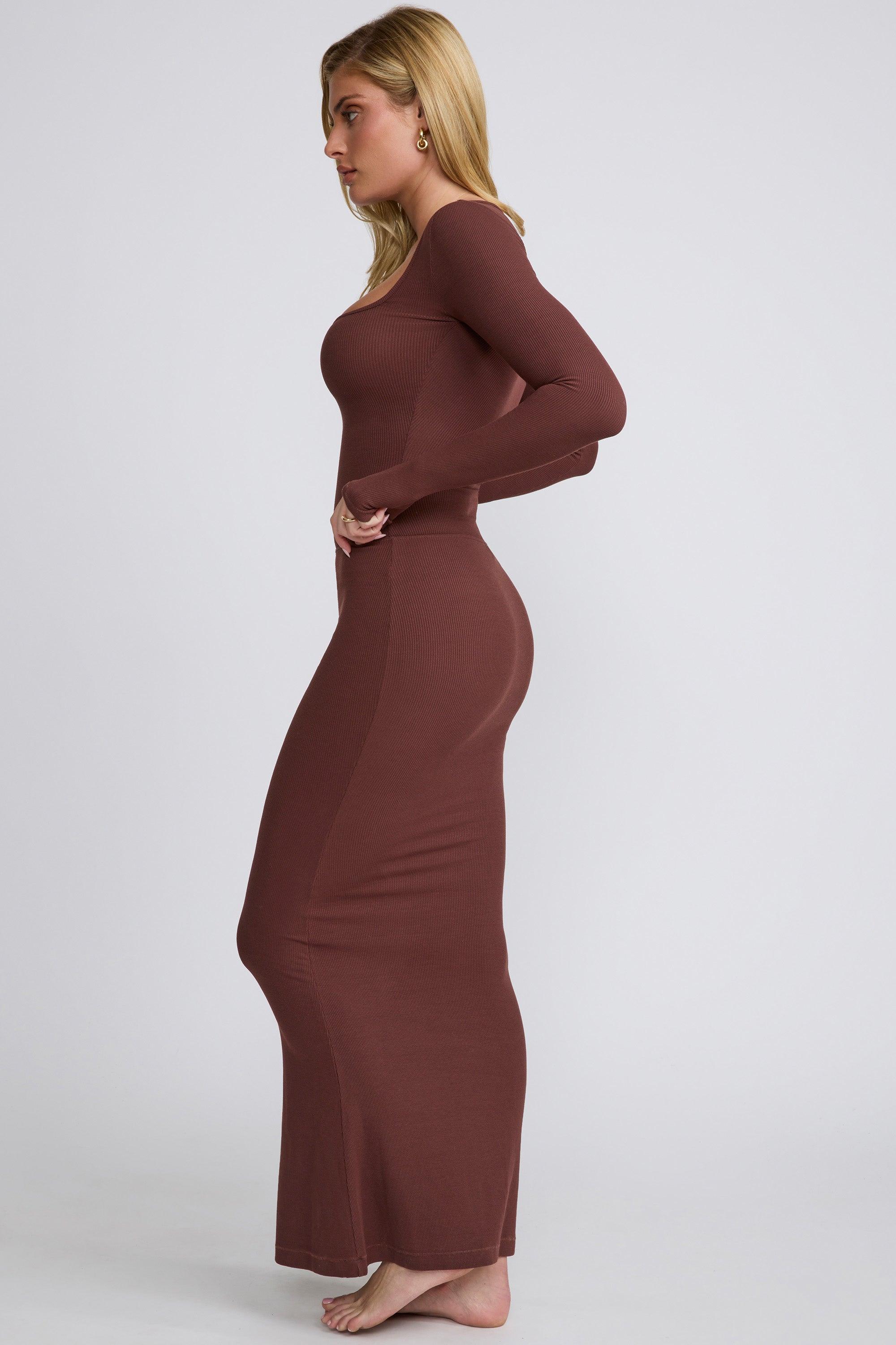 Ribbed Modal Mid Rise Maxi Skirt in Chocolate Product Image