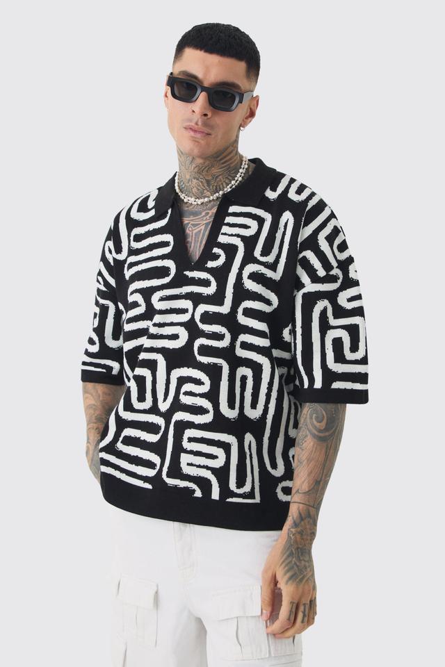 Mens Black Tall Boxy Oversized Abstract Knit Polo, Black Product Image