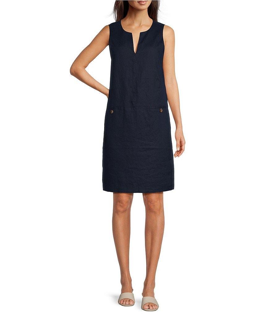 J.McLaughlin Weezie Linen Split Round Neck Sleeveless Besom Front Pocket Shift Dress Product Image