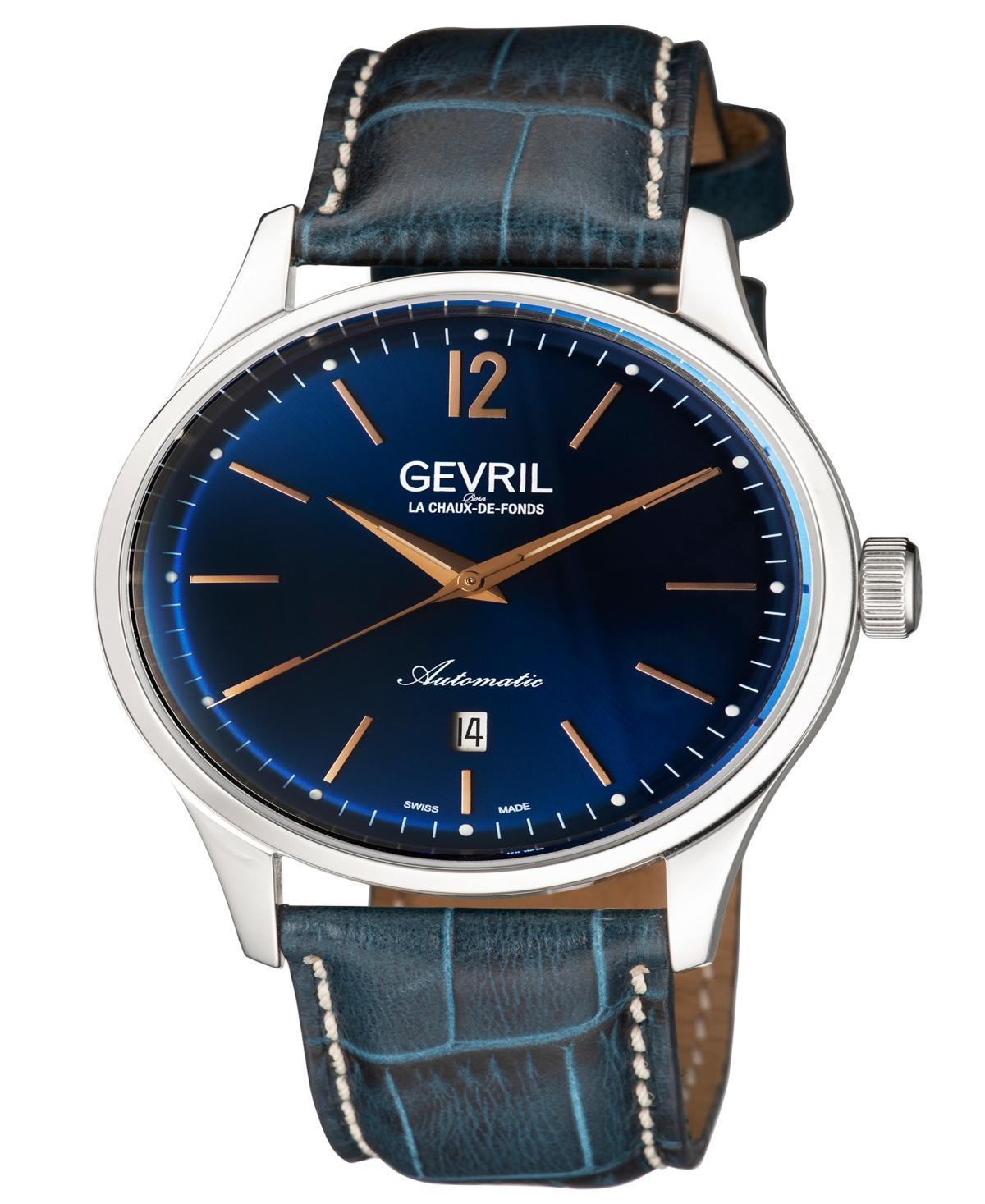 Gevril Mens Five Points Swiss Automatic Italian Blue Leather Strap Watch 43mm - Silver-Tone Product Image