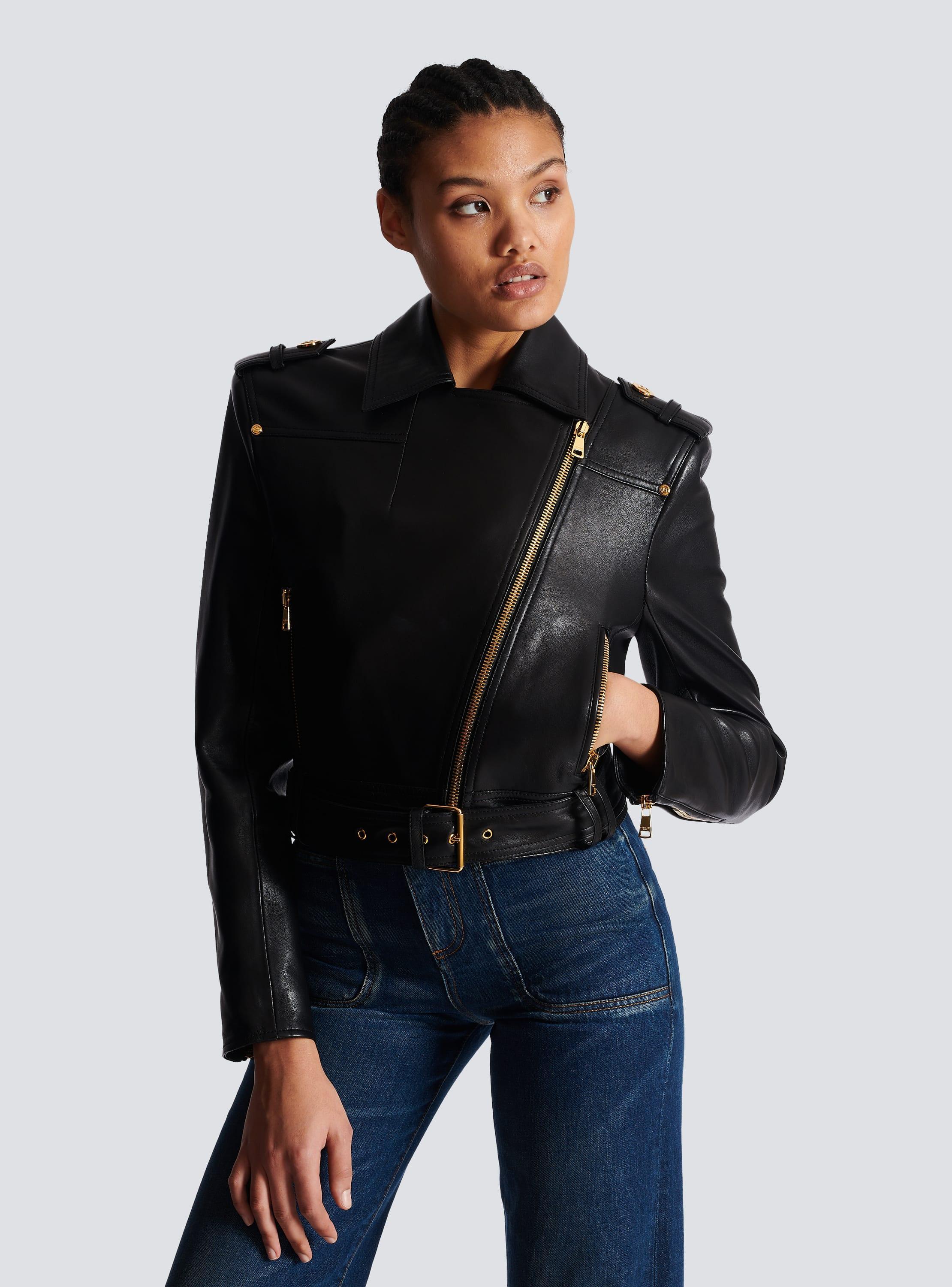 Short leather biker jacket Product Image