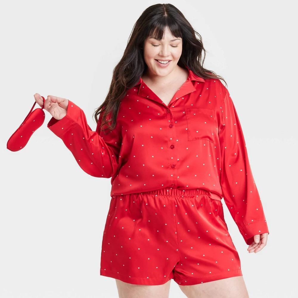 Womens 3pc Satin Long Sleeve Top and Shorts Pajama Set with Eye Mask - Auden Red/Hearts 3X Product Image