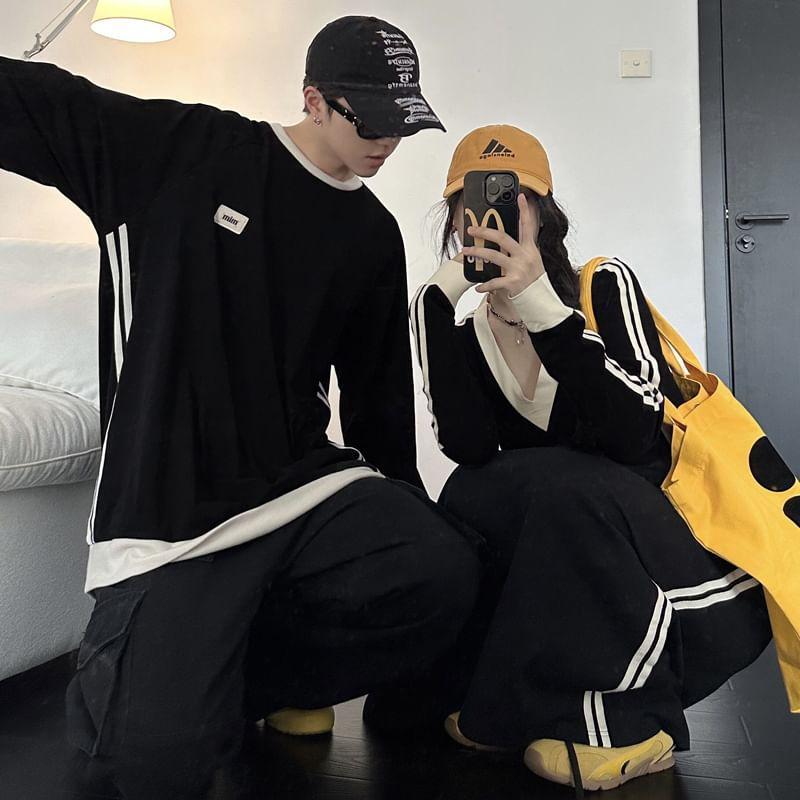 Couple Matching Crew Neck Striped Oversized Sweatshirt / Long-Sleeve V-Neck Maxi Sweatshirt Dress Product Image