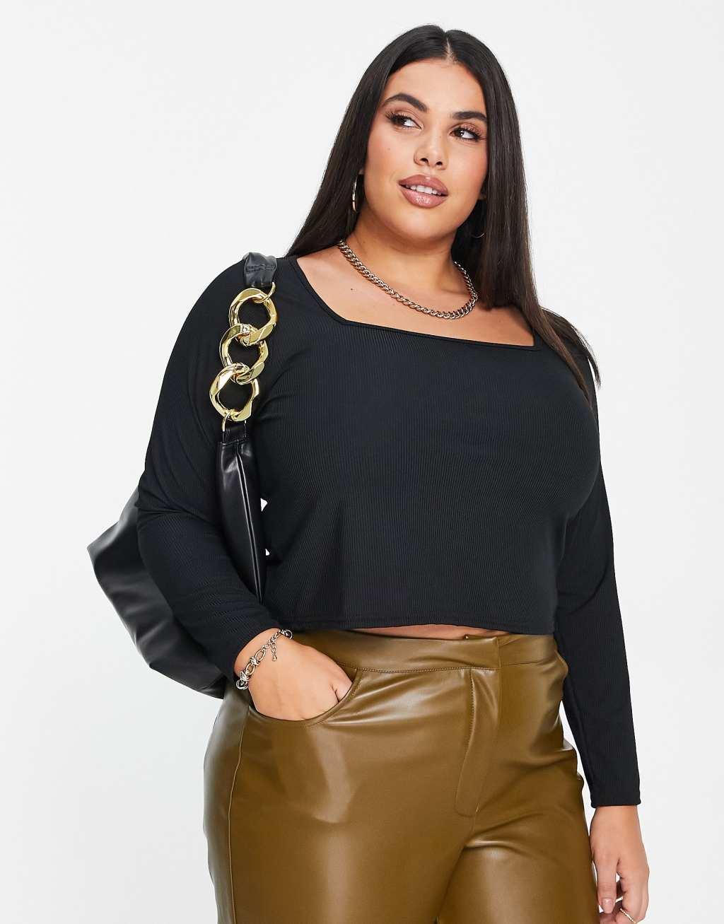 Yours ribbed square neck crop top in black Product Image