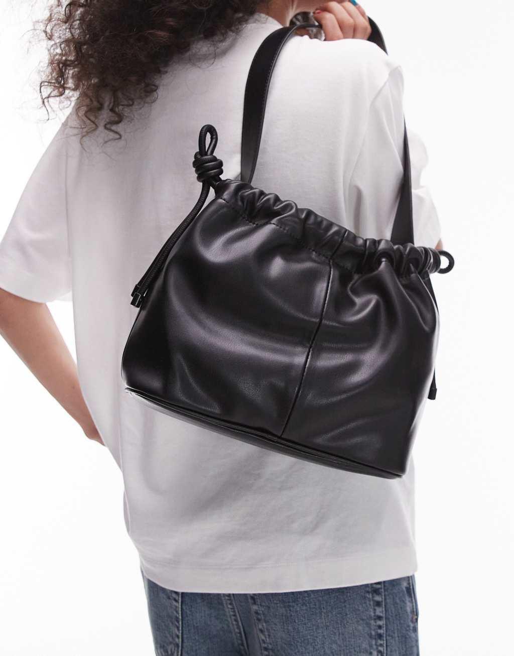 Topshop Sonny drawstring topline shoulder bag in black Product Image