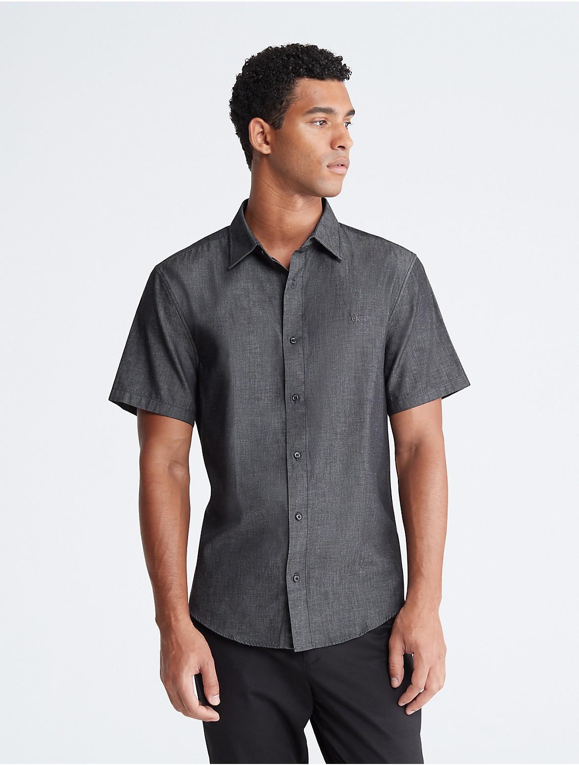 Calvin Klein Mens Chambray Classic Short Sleeve Button-Down Shirt - Black - XXL Product Image