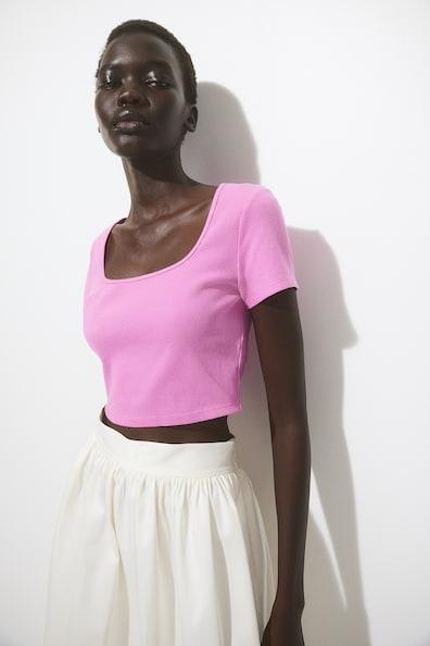 H & M - Short Jersey Top - Pink Product Image