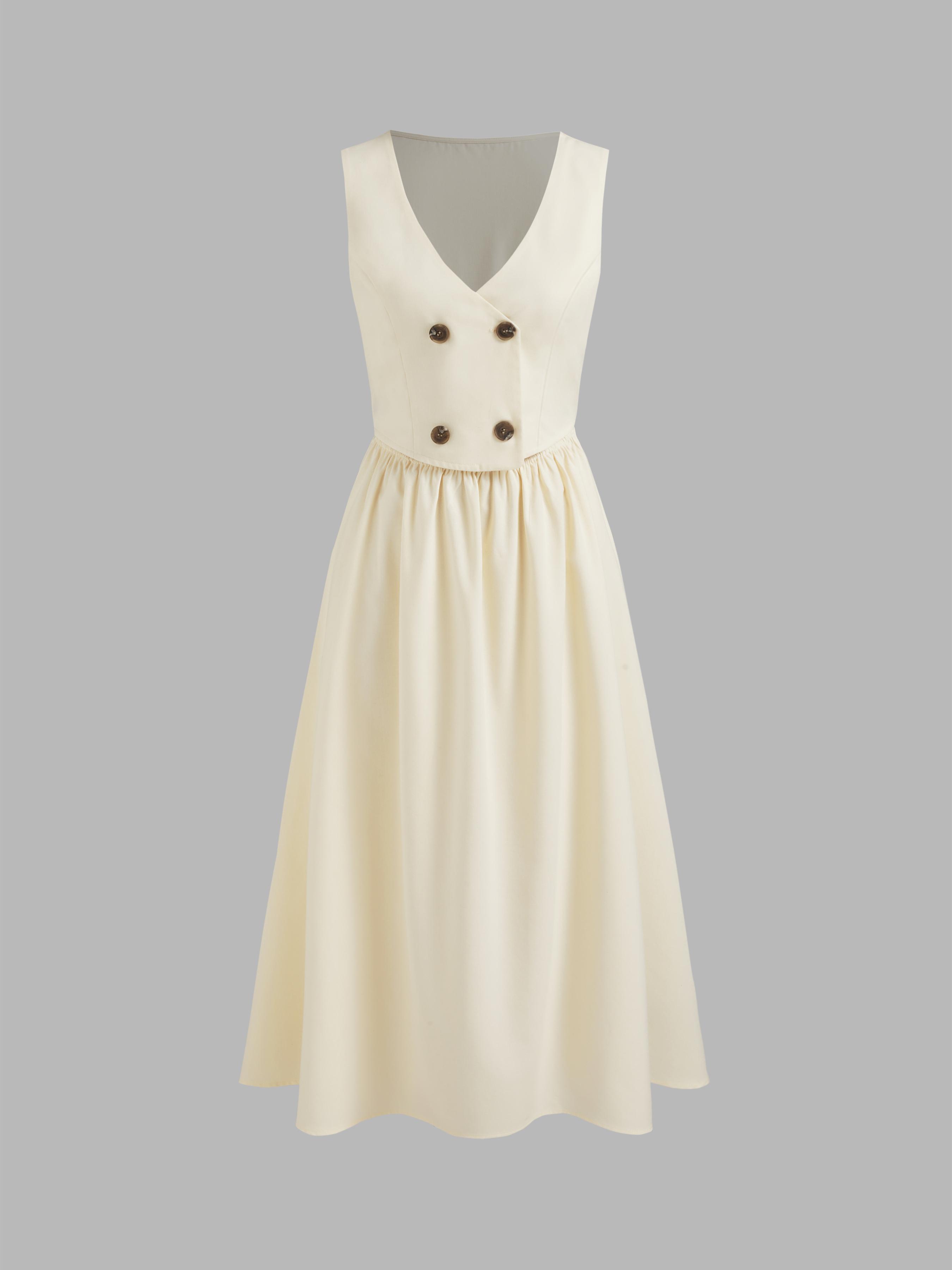 Linen-blend V-neck Solid Button Midi Dress Product Image