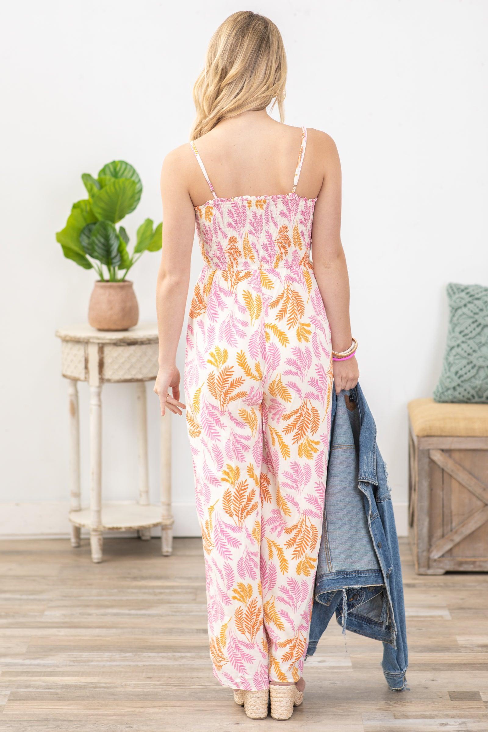 Pink Tropical Leaf Print Jumpsuit Product Image