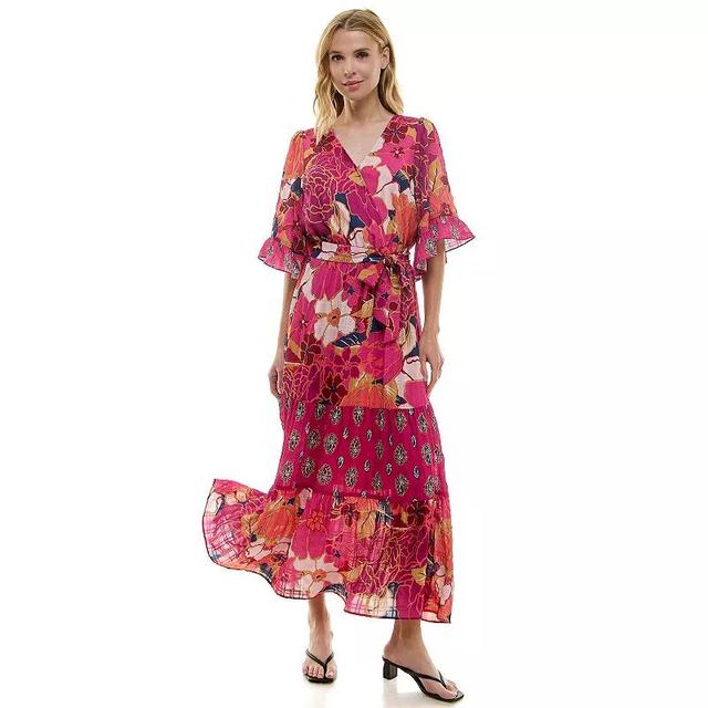 Womens Figueroa & Flower Flutter Sleeve Tiered Maxi Dress Pink Gold Product Image