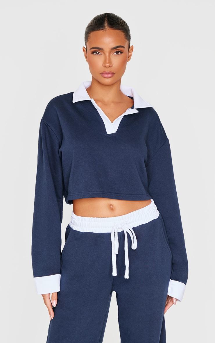 Navy Contrast Panel Collared Cropped Sweatshirt Product Image